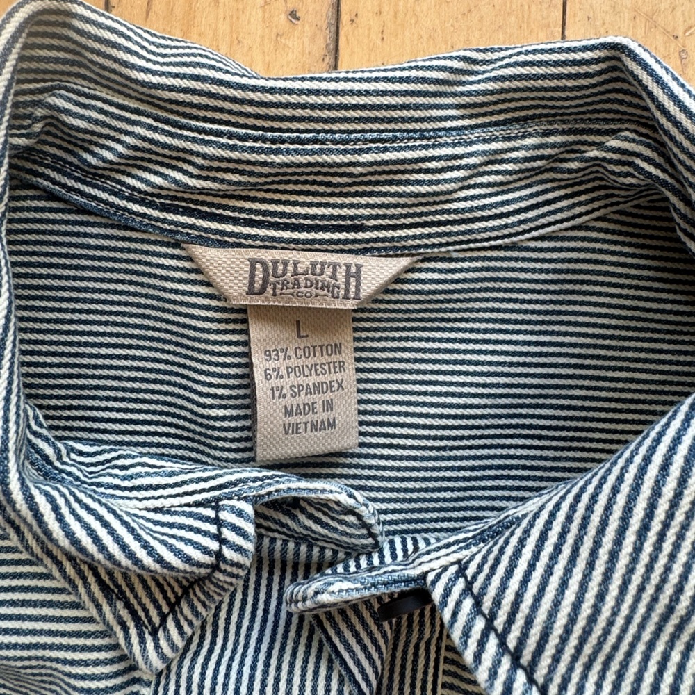 Duluth Trading Co Navy and White Striped Denim Dress with great details - Picture 3 of 7